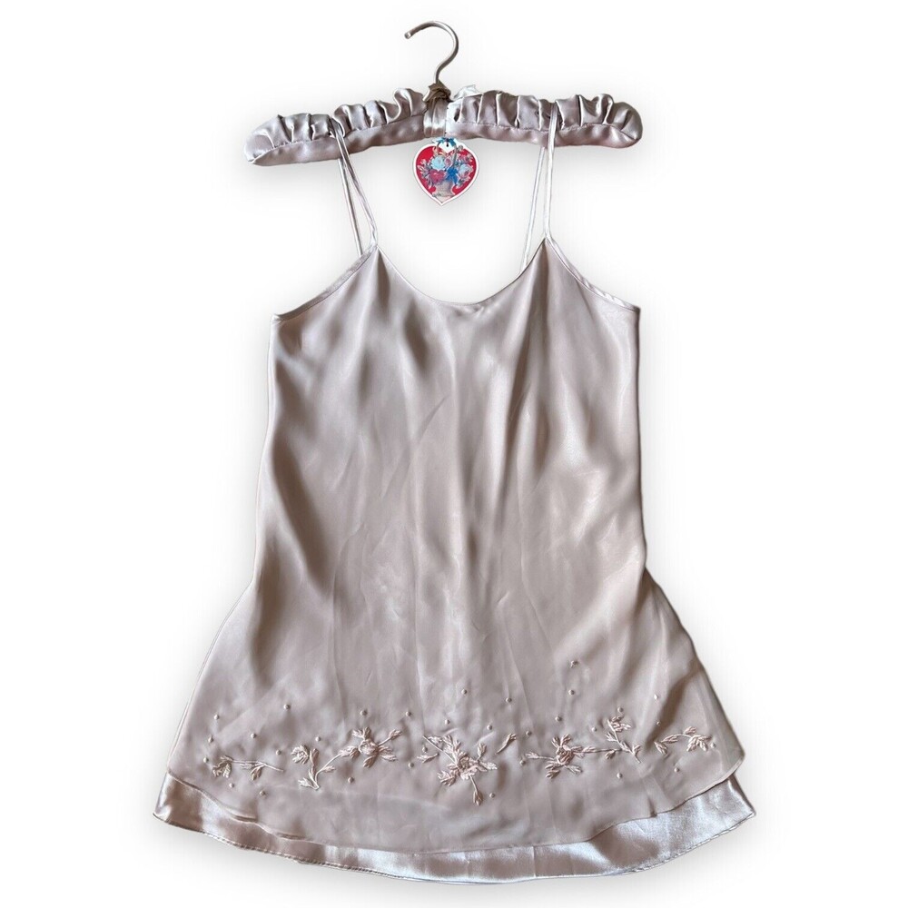 Valerie Stevens Chemise Night Gown Dress Beige Satin Floral Embroidered Small S